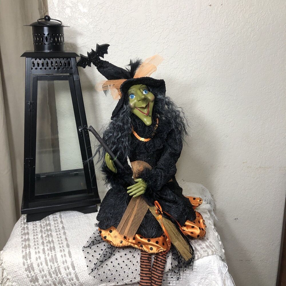Halloween Studio 10.31 (?) shelf sitter green faced witch with broom 30” Whimsy